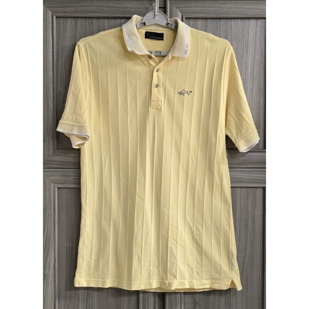 Greg Norman Golf Polo Shirt Sz M/L Yellow White Accents "The Shark"